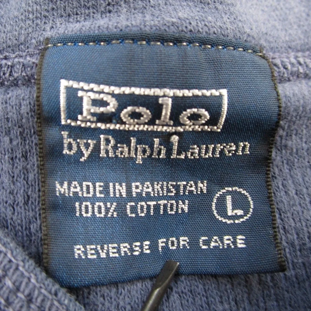 Polo Ralph Lauren Mens L Blue Waffle Knit Long Sleeve Henley Shirt Orange Pony